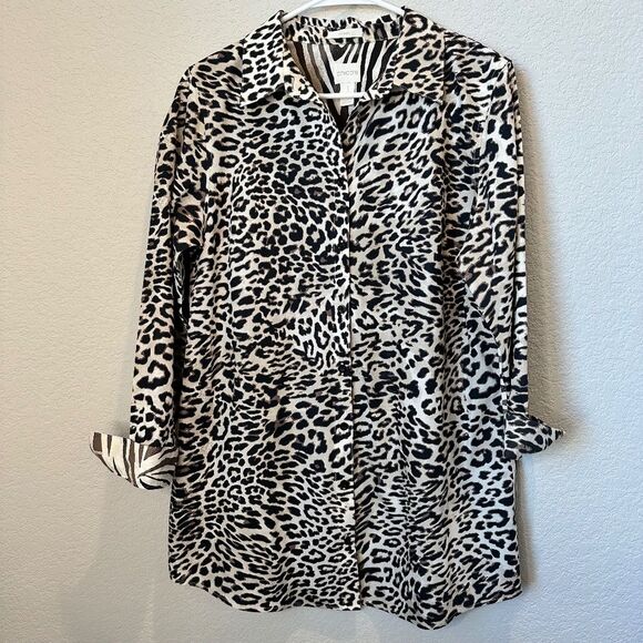 Chico’s Tan No-Iron Contrasting Animal Print 100% Cotton Button Front Blouse - M - Picture 1 of 6